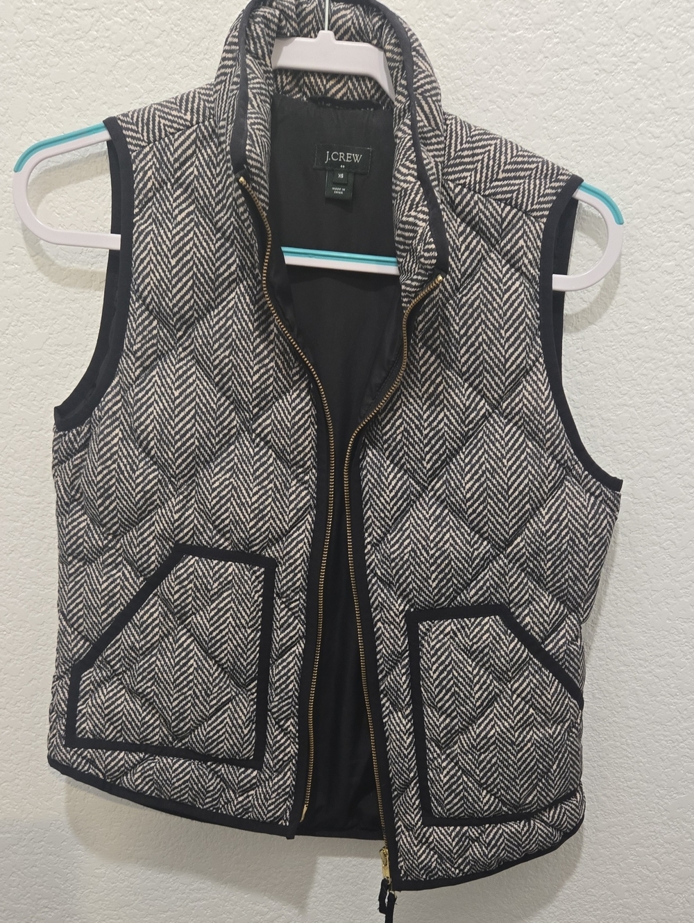 J. Crew Black and White Quilted Herringbone Vest with Gold Zipper